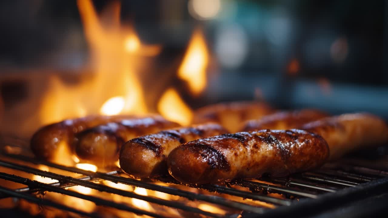 Salsicce alla griglia su un fuoco vivace: un'esperienza culinaria con carni che sfrigolano e fiamme che catturano l'essenza del piacere della cucina all'aperto.