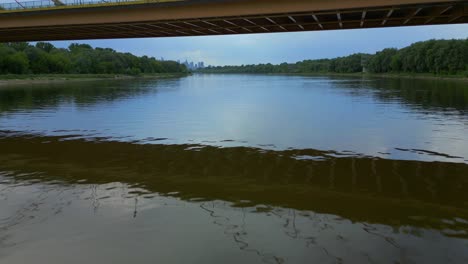 aerial flight under siekierkowski bridge surrounded by forest trees