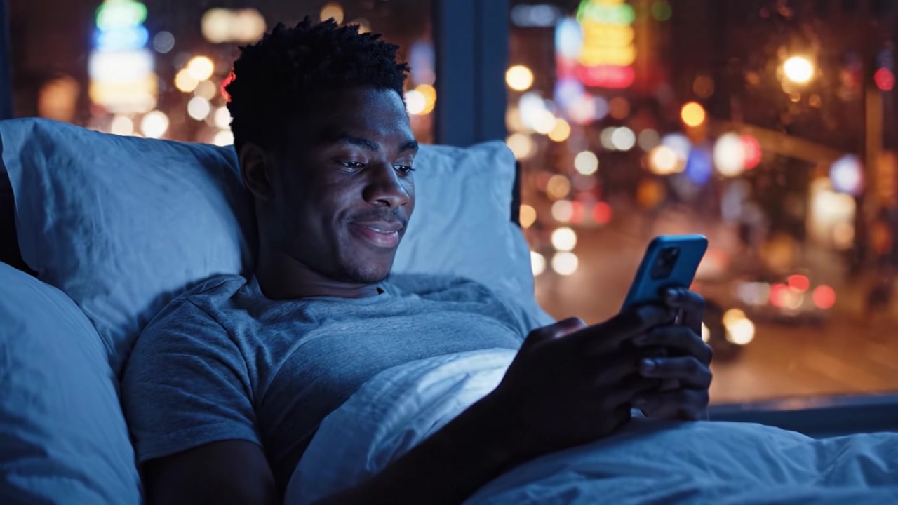 A Young Man Relaxing in Bed at Night, Engaged with His Smartphone, Surrounded by the Glowing City Lights Outside the Window, Capturing a Moment of Leisure and Connectivity