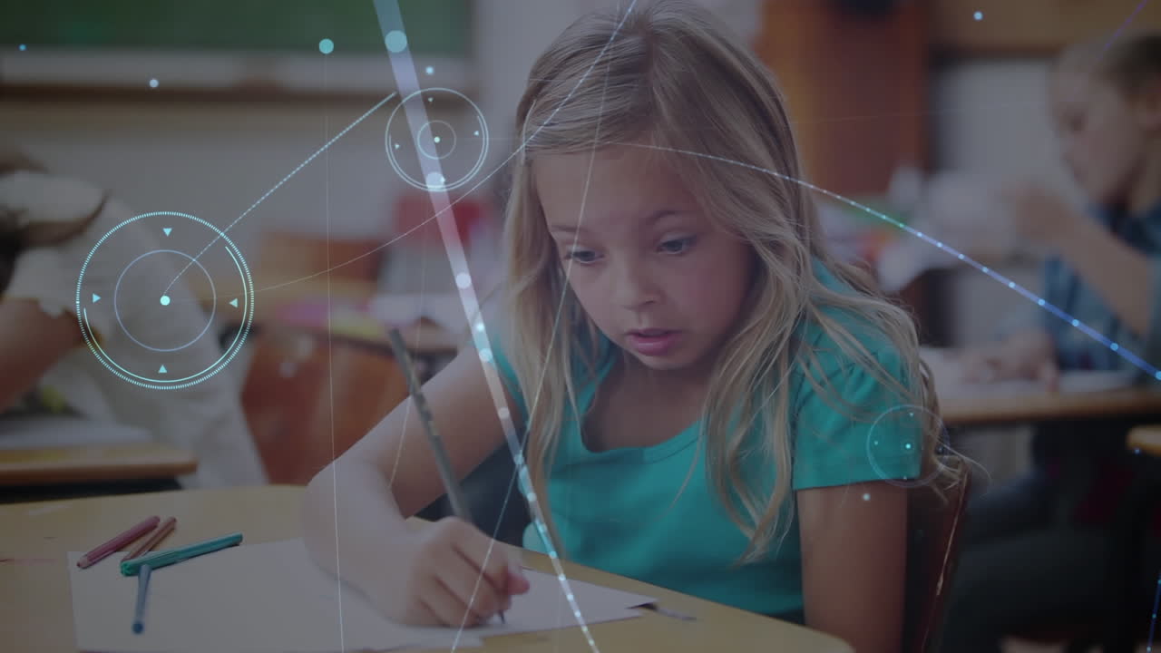 Animation of network of connections over schoolgirl writing