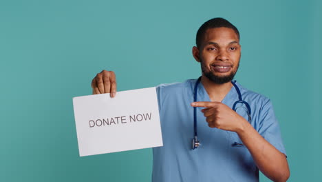 Healthcare-employee-requesting-philanthropic-donations-for-patients