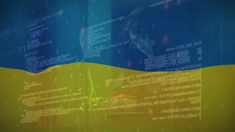 Animation-of-caucasian-male-hacker-and-data-processing-over-flag-of-ukraine