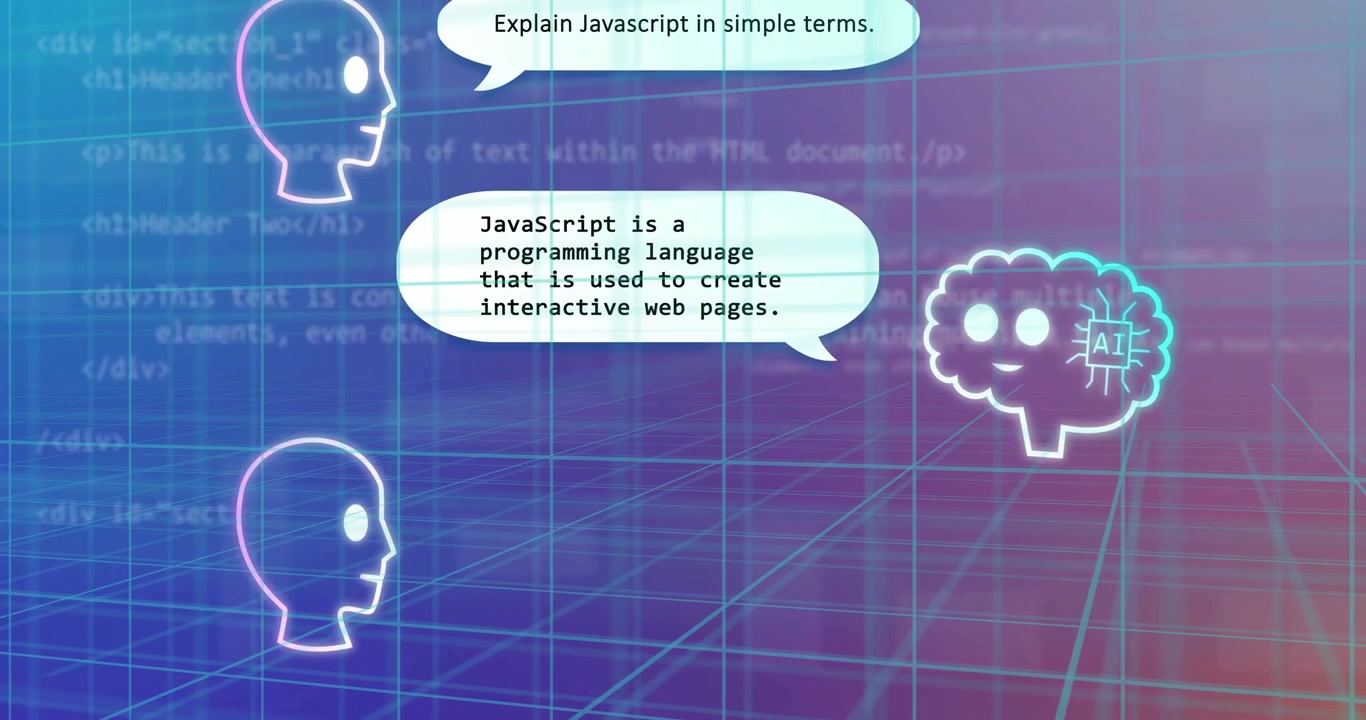 Explaining JavaScript in simple terms, animation over digital heads and AI brain