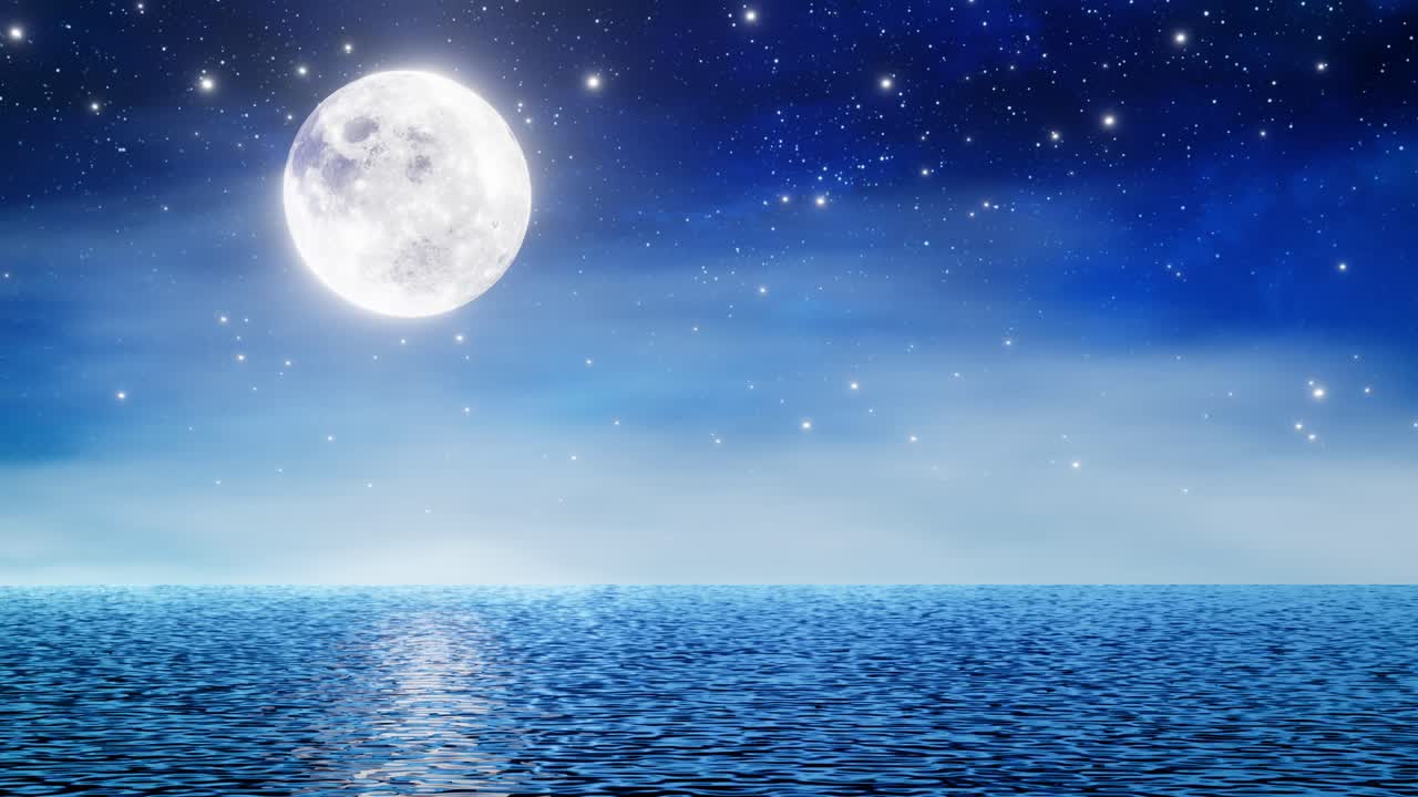 寧靜夜空下的海洋，滿月與繁星點綴