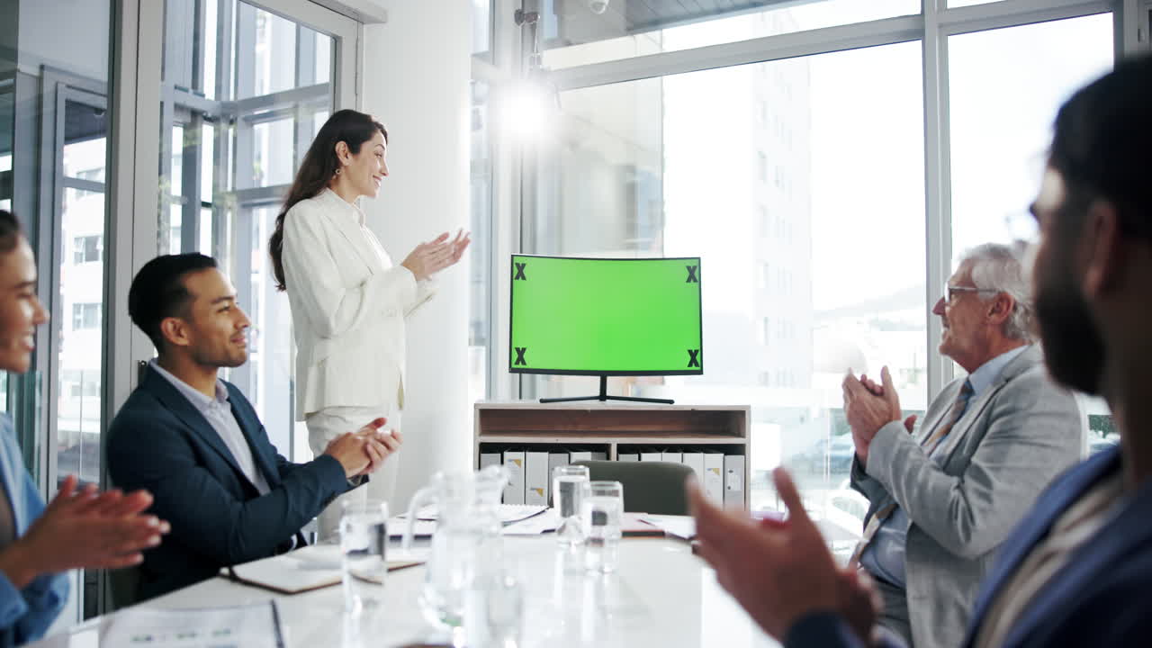 비즈니스 팀이 그린 스크린으로 프레젠테이션을 하는 동안 성공을 축하하고 있습니다.