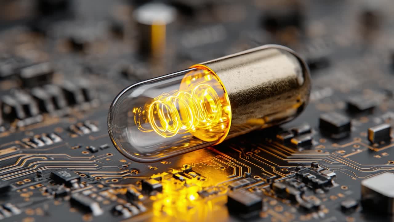 A Stunning Close-up of a Modern Electronic Component: A Glass Capsule with Glowing Coils Resting on a Complex Circuit Board Background Captivating Technological Aesthetics
