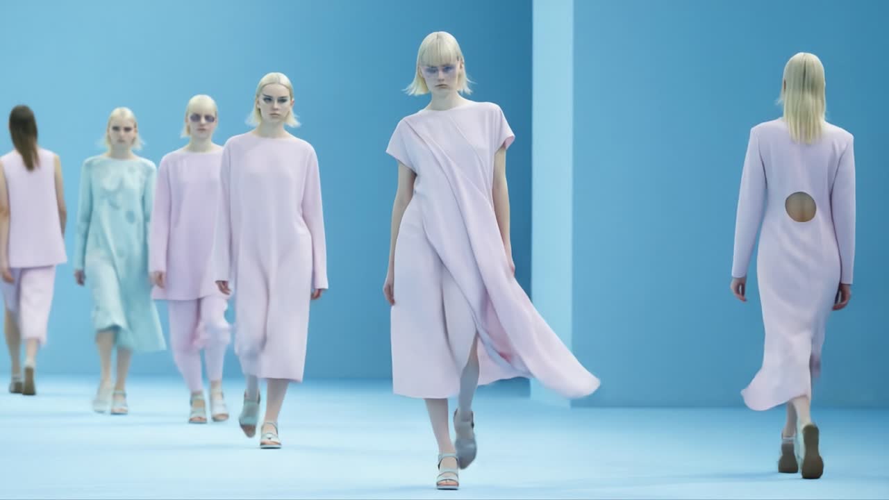 A Captivating Fashion Display: Models Gracefully Showcase Elegant Pastel Attire Against a Striking Blue Background, Merging Style and Artistry in a Contemporary Runway Presentation