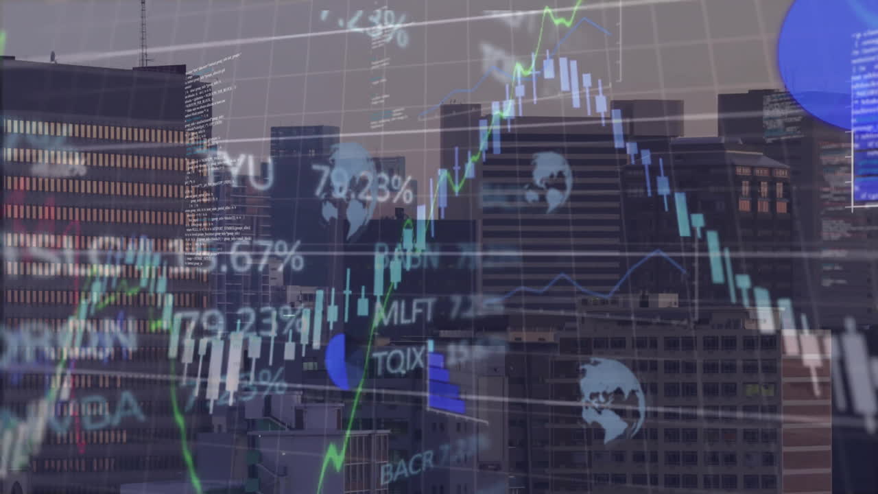 animación del procesamiento de datos financieros sobre el paisaje urbano