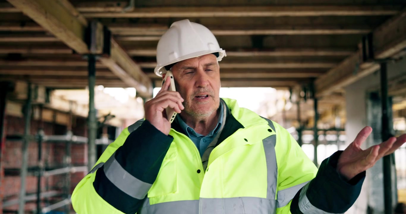 Construction Site Manager Talking on Phone and Gesturing