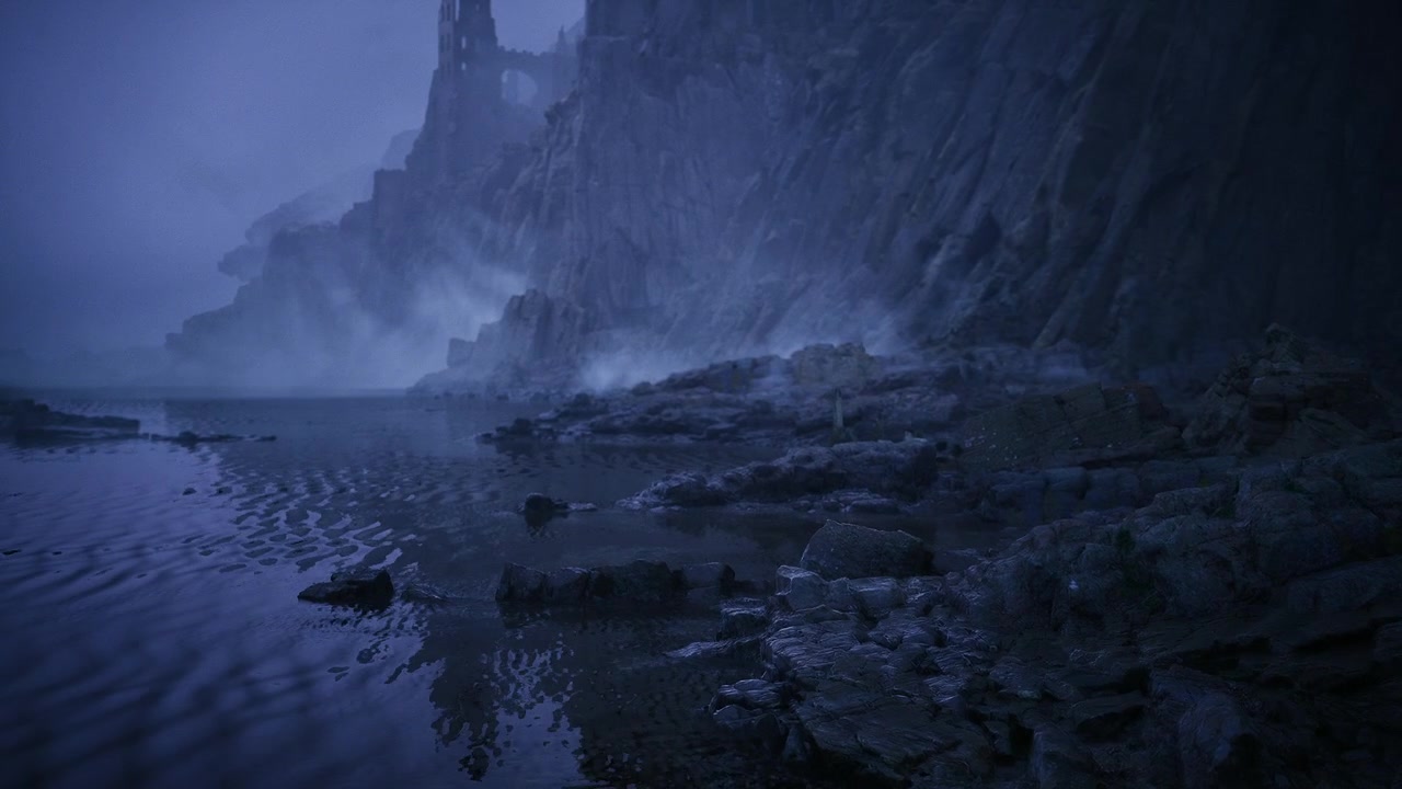 Mysterious night scene with jagged lava formations and shadows