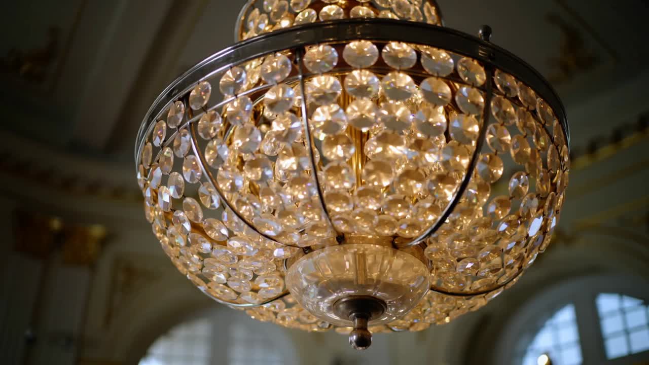 Moving camera revealing ornate domed chandelier in formal hall, showcasing prisms and glass finial