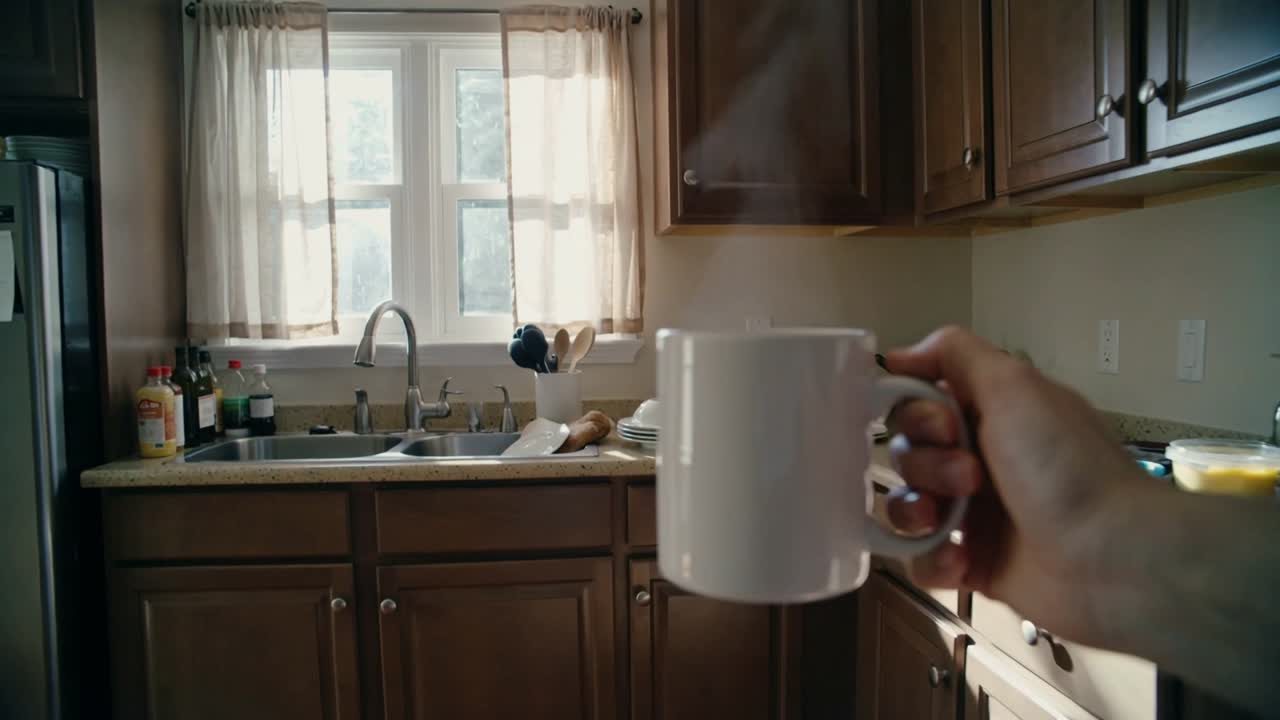 Mano que entra en el encuadre de una cocina casera sosteniendo una taza blanca humeante, mostrando un fregadero doble y zumo.