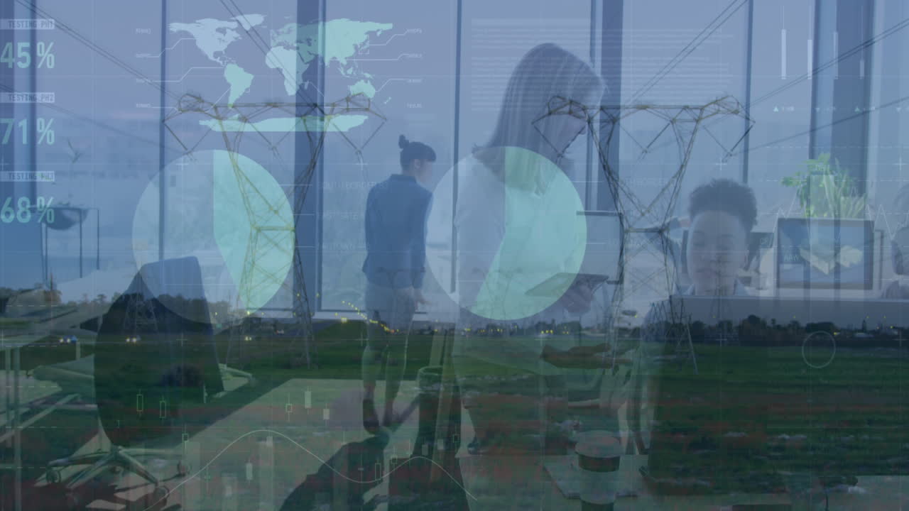 Animation of financial data processing over diverse business people working at office and pylons