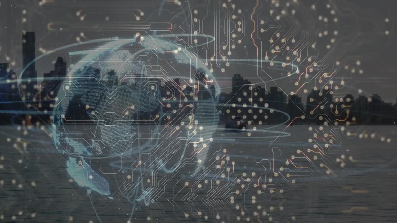 Animation of computer circuit board and globe over cityscape
