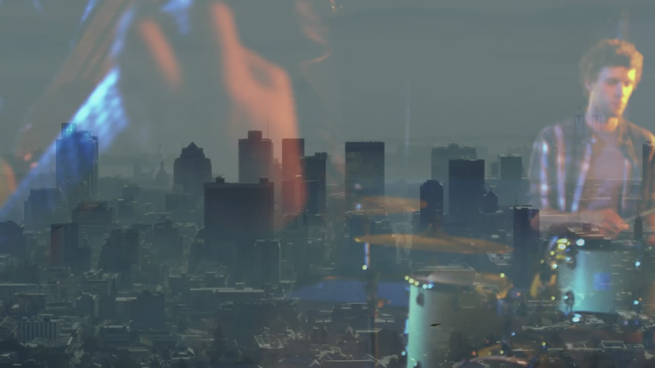 music guitarist strumming acoustic guitar over hazy skyline, blending footage with motion graphics