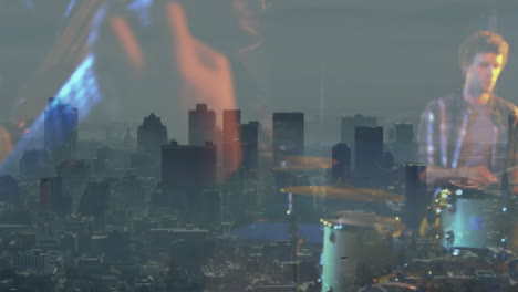 music guitarist strumming acoustic guitar over hazy skyline, blending footage with motion graphics