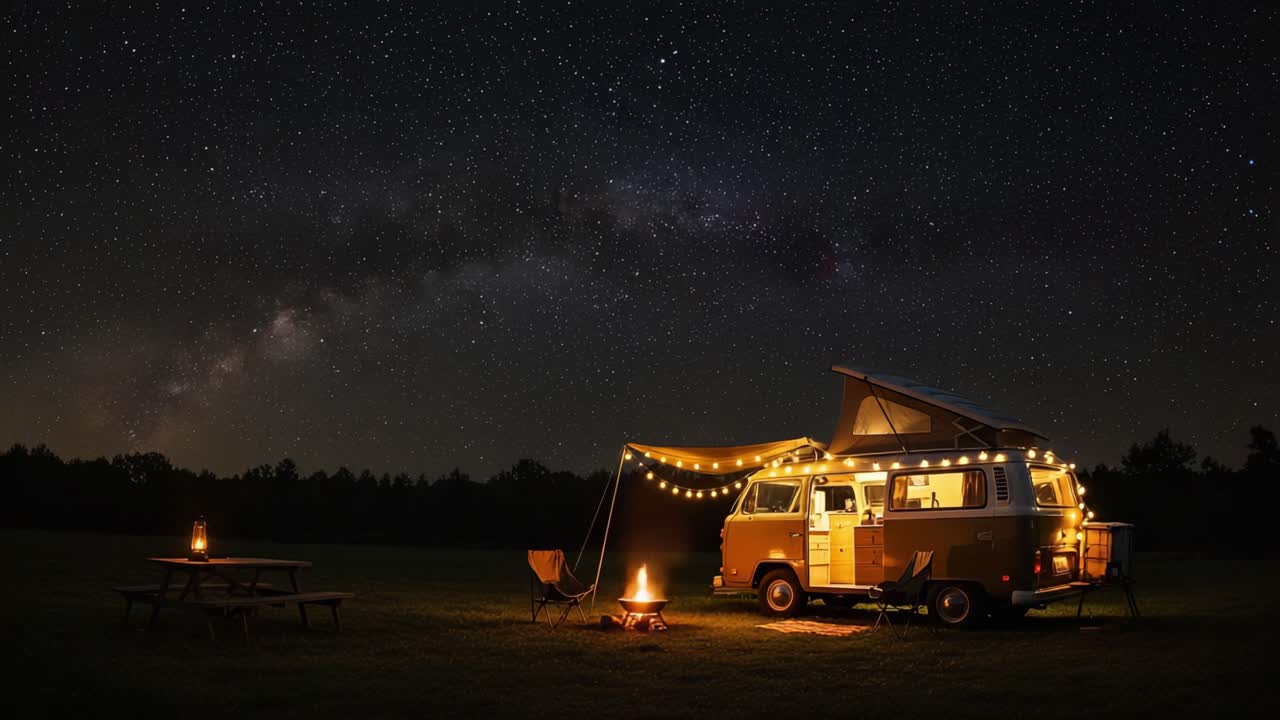 A Cozy Camping Scene Under a Starry Sky with a Beautifully Lit Vintage Camper and a Warm Campfire for a Perfect Night Outdoors