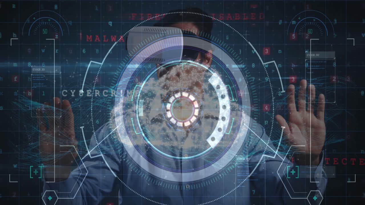 escaneo de alcance sobre el procesamiento de datos contra el hombre que usa auriculares tocando la pantalla futurista