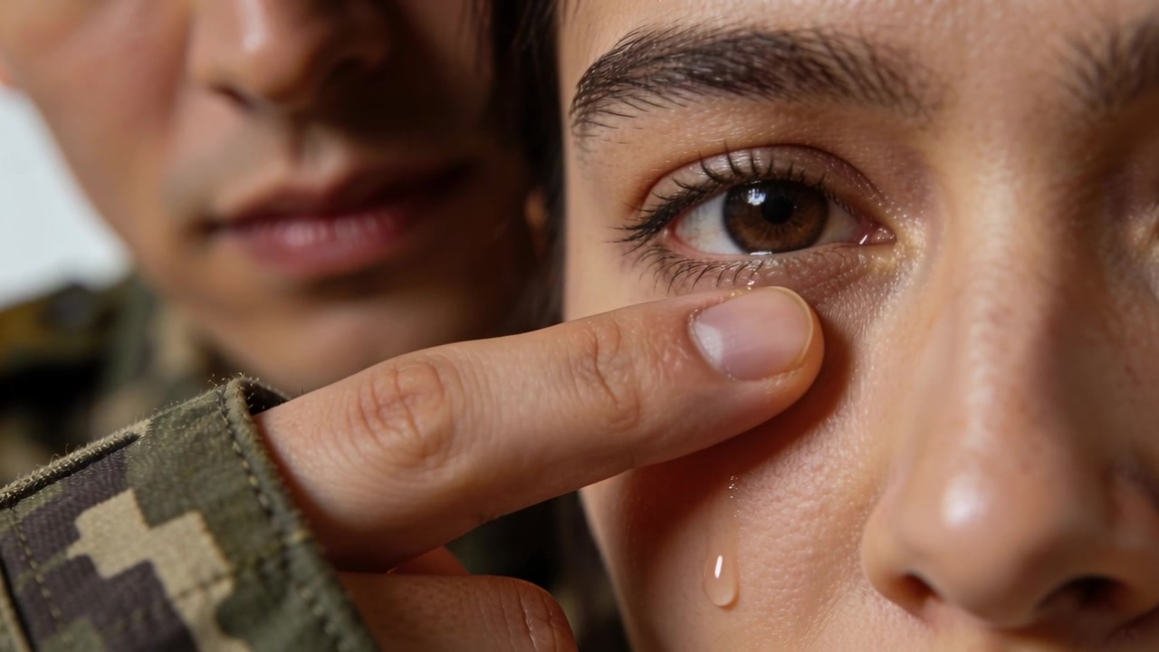 Nötr bir odada, kamuflaj desenli giysili bir adam parmağını kadının gözüne yaklaştırarak gözyaşını siliyor, onu sakinleştiriyor; metin alanı mevcut.