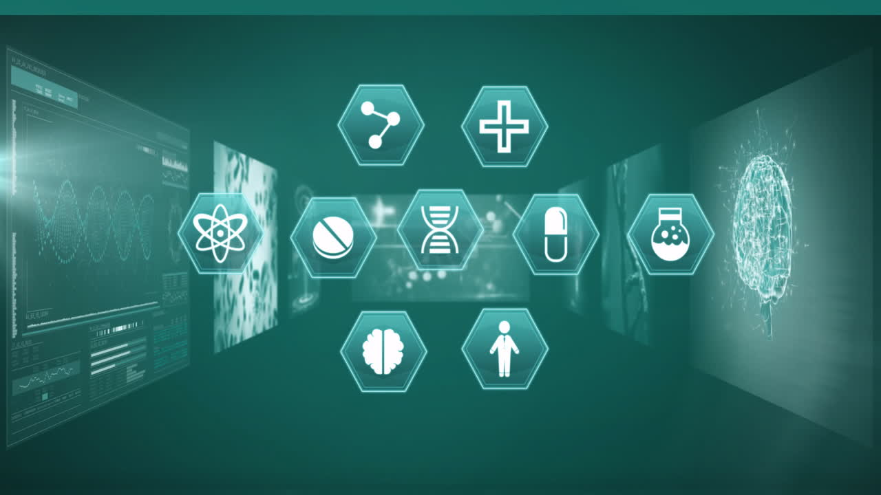 검은색 배경에 데이터 처리를 통해 의료 아이콘의 애니메이션