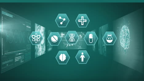 animation of medical icons over data processing on black background