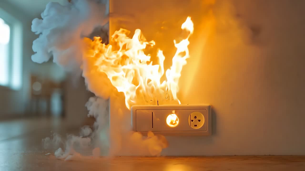 una toma de corriente eléctrica en llamas en el suelo de una habitación