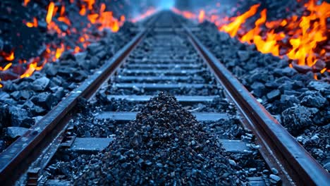a train track with a pile of coal on it. the coal is on the tracks and the train is not on the tracks