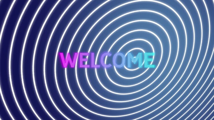 Animation of welcome text over white circles on blue background