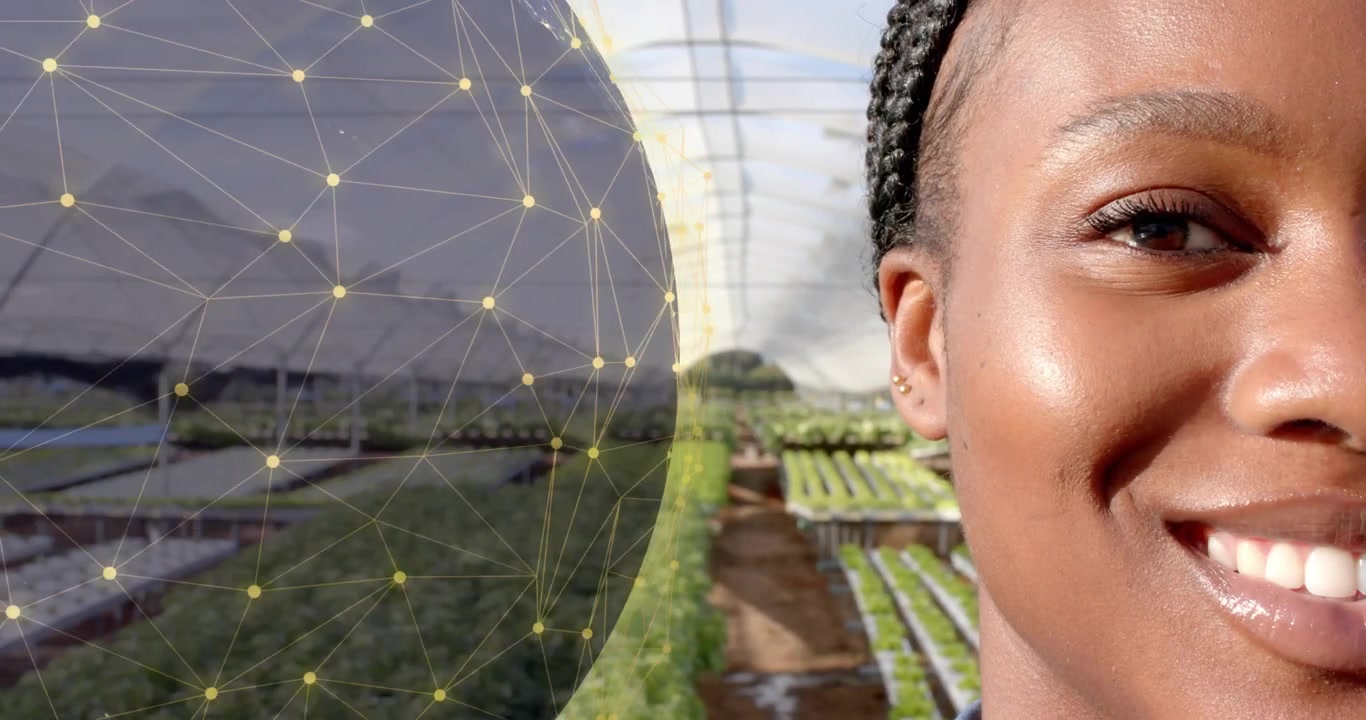 Rotating globe overlaying greenhouse trays woman opening eye smiling nodes pulsing farming data