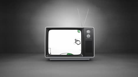 digital animation of geometric shapes on television screen against grey background