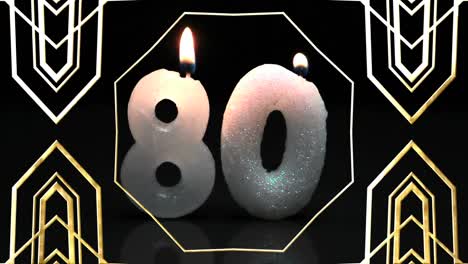 animation of gold line patterns moving over numbers 80 lit birthday candles, on black background