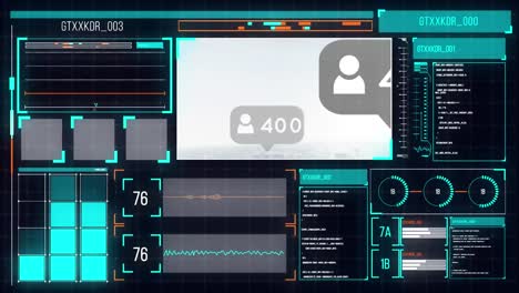 animación de pantalla digital con procesamiento de datos y reacciones en las redes sociales.