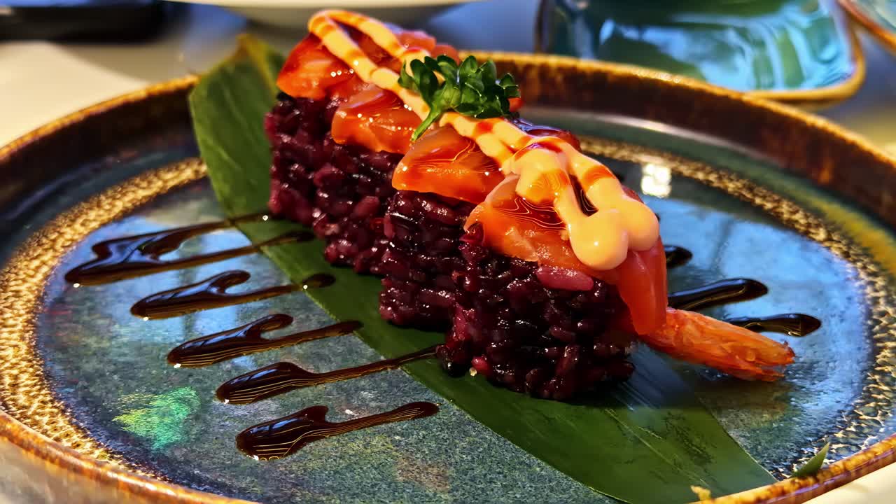 Close up of salmon tartare and aburi roll plated with black rice and sauce in a modern Japanese restaurant. The scene highlights variety, craftsmanship and refined dining atmosphere