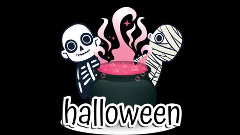 animación del texto de halloween sobre el esqueleto y la momia