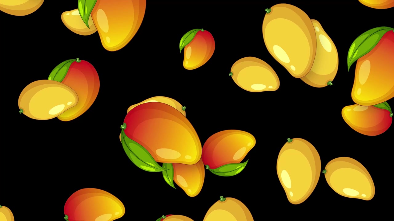 Mango colorati in stile cartone animato cadono verticalmente su uno sfondo nero solido in un loop continuo.