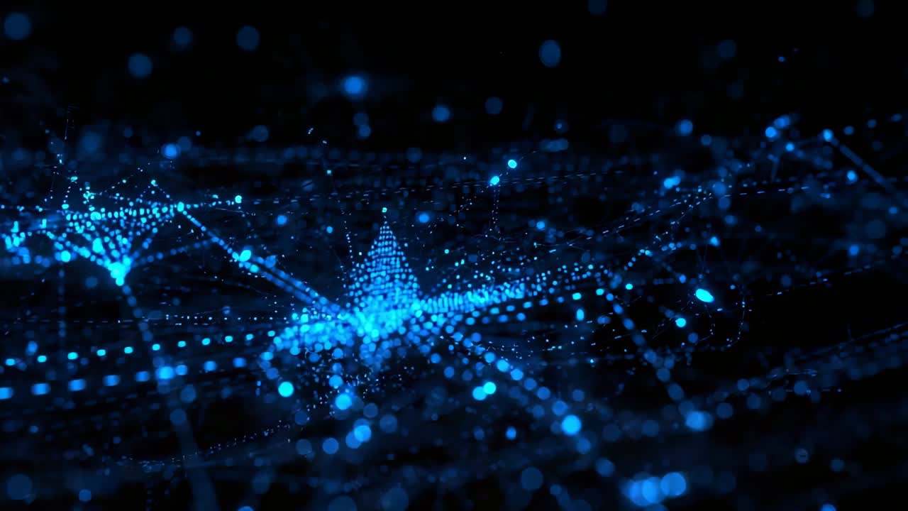 Pulsing digital network initiating flickering nodes and zooming into void, forming glowing pyramid