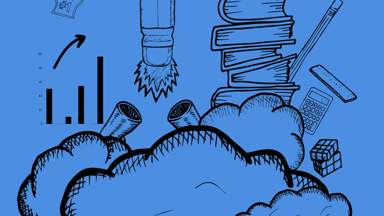 Animation of school items icons moving on blue background