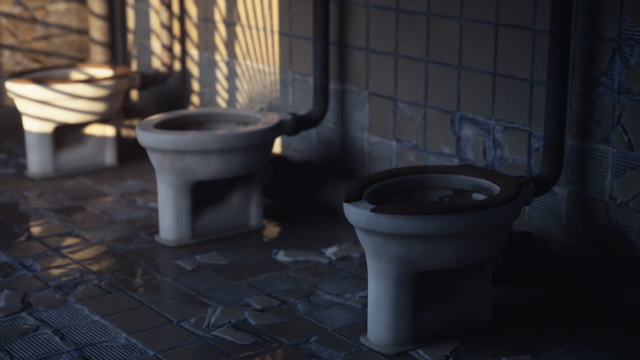 Abandoned restroom with broken toilets in dim light during evening hours