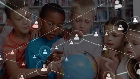 animation of networks of connections over diverse schoolchildren reading globe