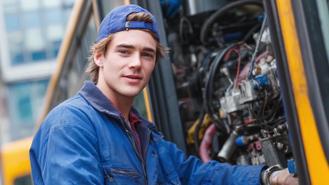 Young Mechanic Working on Bus Engine: A Skilled Technician Troubleshooting Vehicle Systems with Focus and Precision