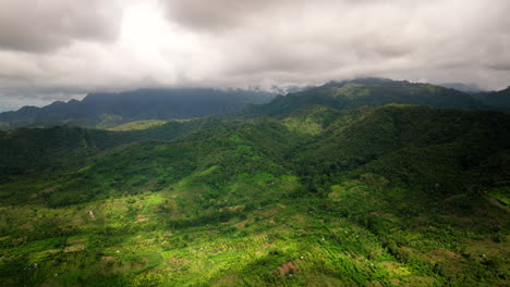 Paisaje-Montañoso-Cubierto-De-Densas-Vegetaciones-Verdes-Bajo-Un-Cielo-Nublado-Cerca-De-Banyuwedang,-Bali-Occidental,-Indonesia