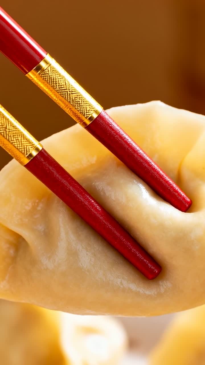 Vertical video: Gripping ornate red chopsticks holding steamed dumpling at table, showing soft skin