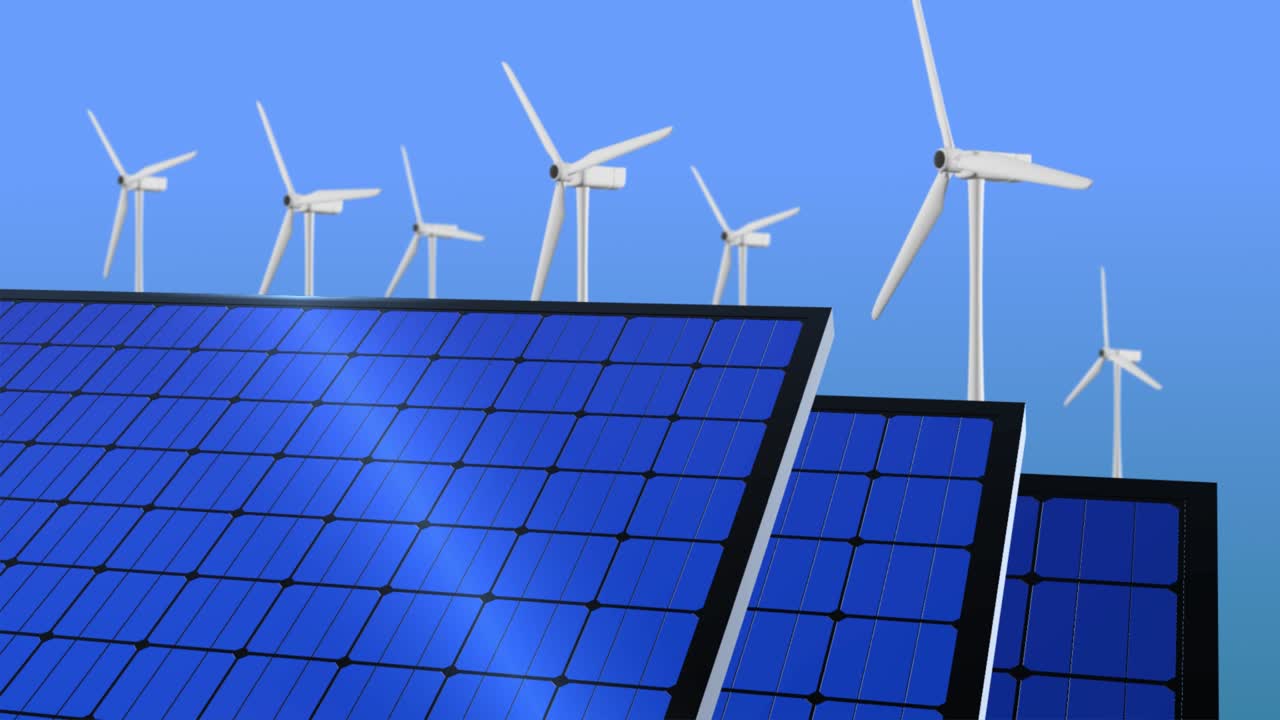 풍력 터빈과 태양 전지 패널에 의해 전력 생산 루프 애니메이션 배경