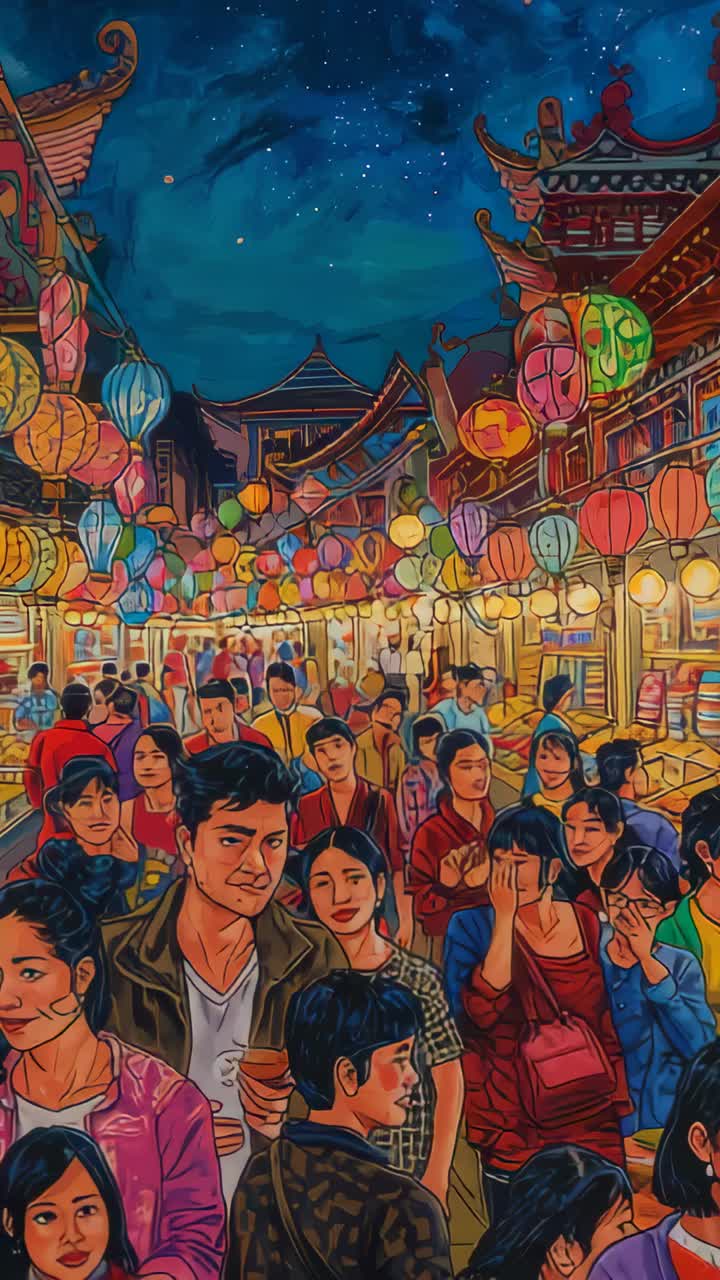 Vertical video: Holding cup, couple standing night market, crowd filling street, festival lanterns