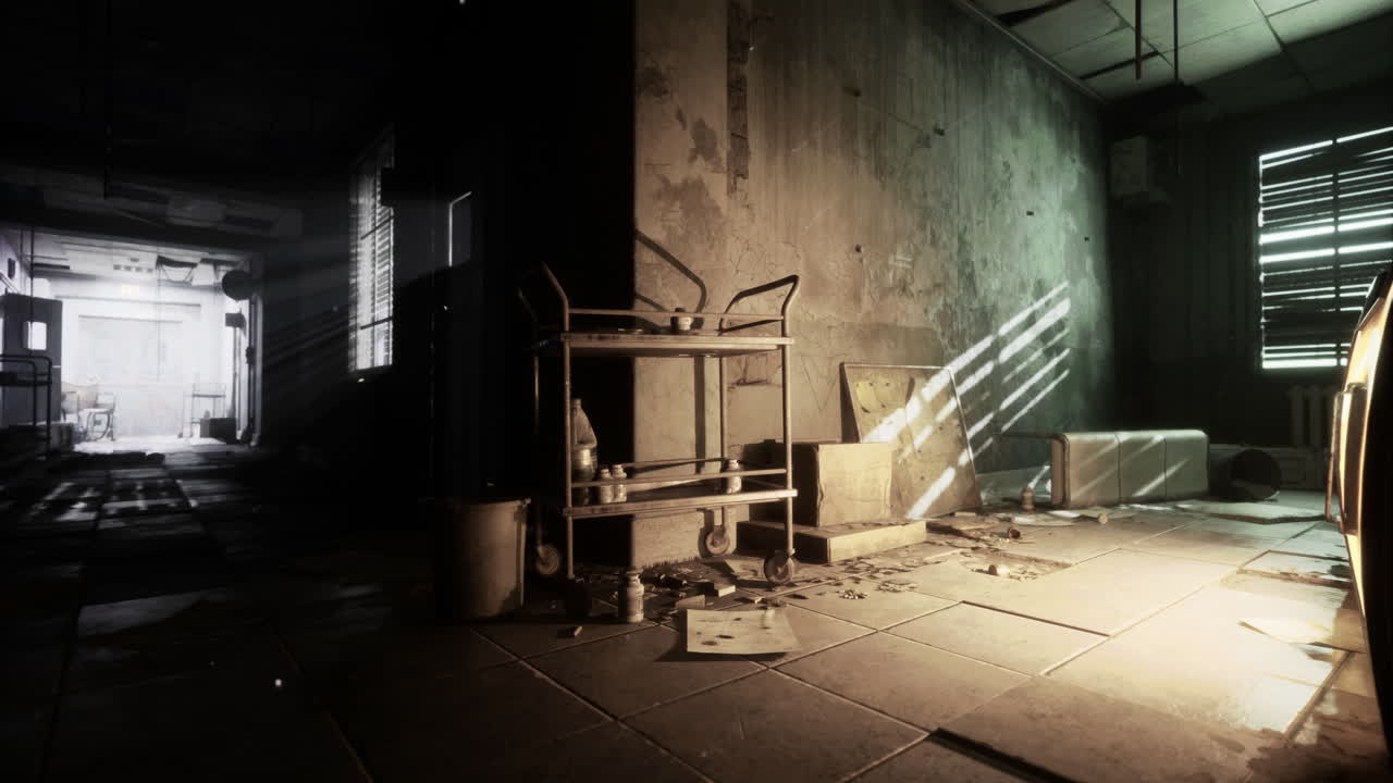 Sunlit corridor of an abandoned hospital debris scattered around