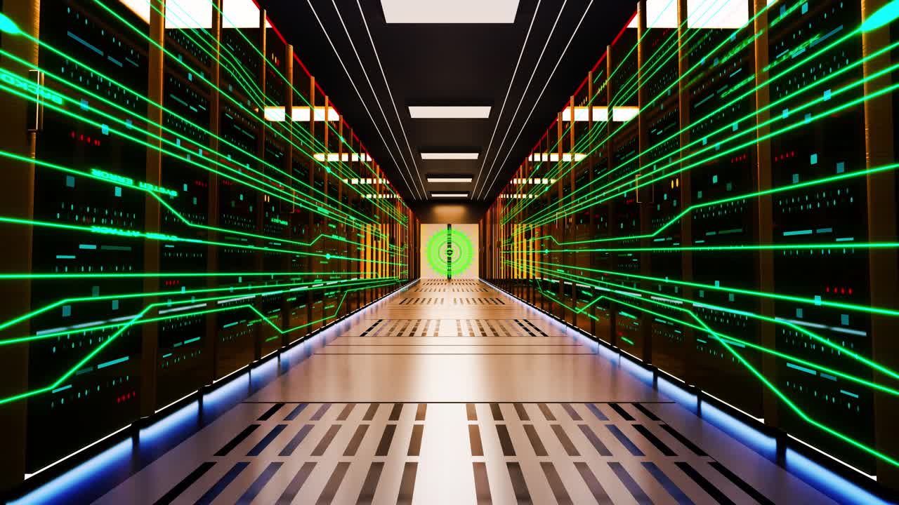 Digital network of connections and data processing server room loop background online security