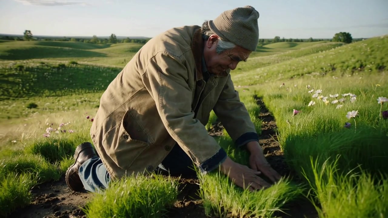 Reaching gardener kneeling planting grass plugs in meadow, pressing soil with bare hands, beanie