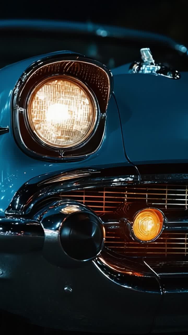 Close-Up of a Classic Vintage Car's Front with Illuminated Headlights Capturing the Essence of Retro Design and Automotive Elegance in a Night Setting