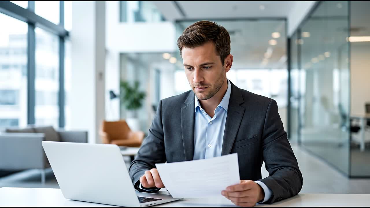 Forretningsmand gennemgår dokumenter og arbejder på sin bærbare computer i et moderne kontormiljø.