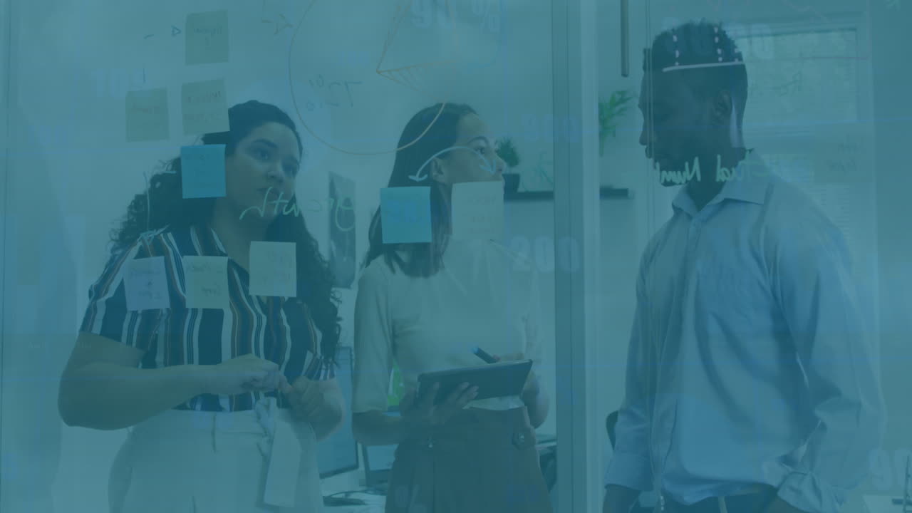 Animation of financial data processing over diverse business people working at office